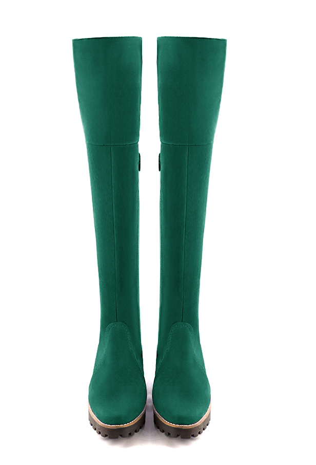 Emerald green women's leather thigh-high boots. Round toe. Low rubber soles. Made to measure. Top view - Florence KOOIJMAN